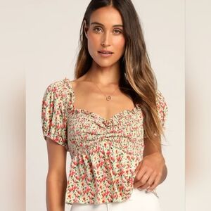 Lulu's Red Floral Smocked Blouse
